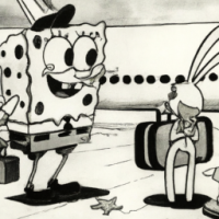 SpongeBob SquarePants talking to a mouse in an airport, 1960s Cartoon