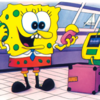 SpongeBob SquarePants talking to a mouse in an airport, 1990s Cartoon