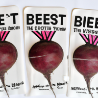 Vacuum packaging label for ready-to-eat beets. Three beets are shown with the words 