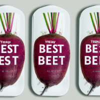 Vacuum packaging label for ready-to-eat beets. Three beets are shown with the words 