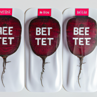 Vacuum packaging label for ready-to-eat beets. Three beets are shown with the words 