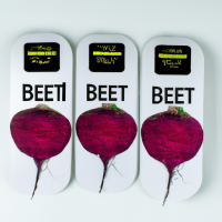 Vacuum packaging label for ready-to-eat beets. Three beets are shown with the words 